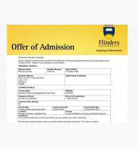 兰同学获得澳大利亚弗林德斯大学护士本科录取通知书