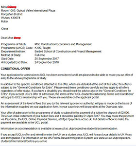 211学生成功获取G5伦敦大学学院OFFER一枚