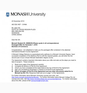 夏同学成功申请到澳大利亚莫纳什大学转学分入读