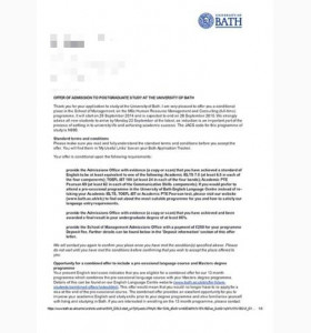 孙同学成功就读英国巴斯大学