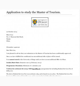 罗同学成功申请奥塔哥大学旅游管理硕士