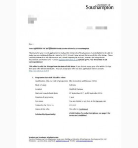 莫同学成功申请英国南安普顿大学